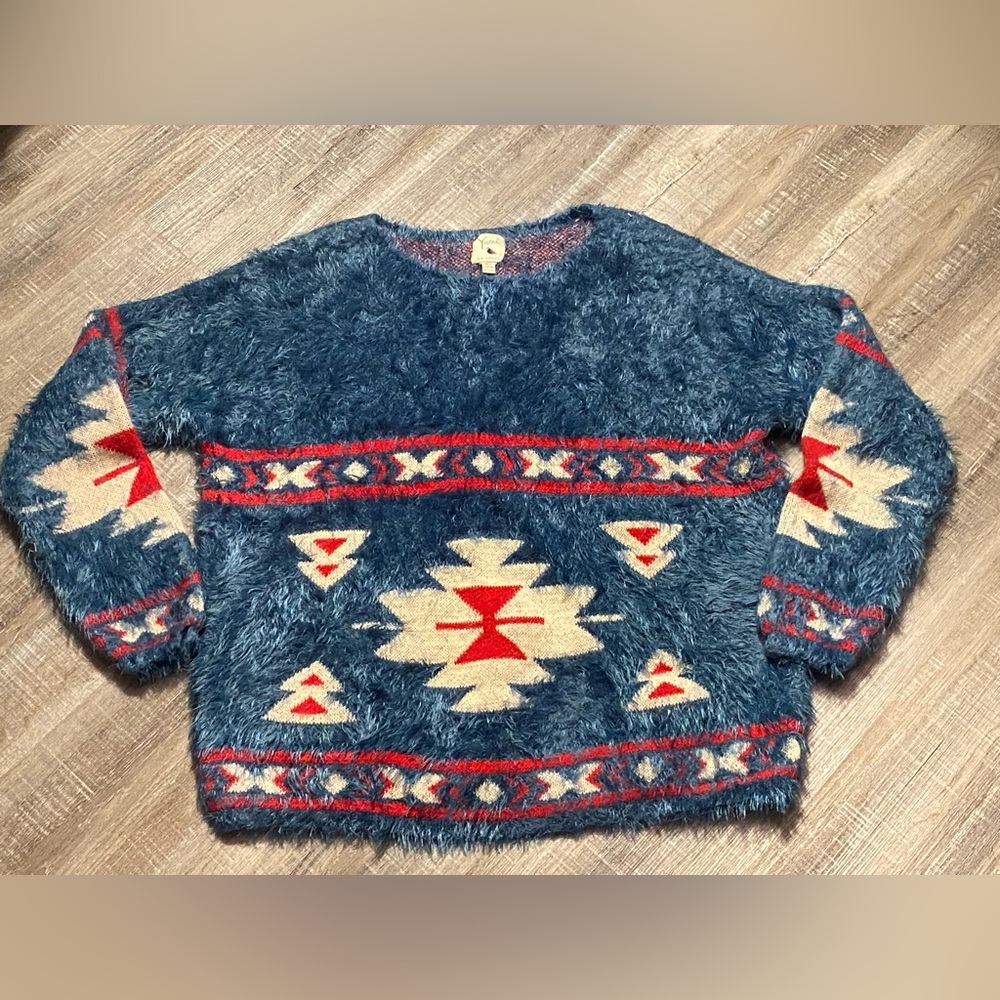 Anthropologie Blue Fuzzy Aztec Sweater with Cream & Red Accents